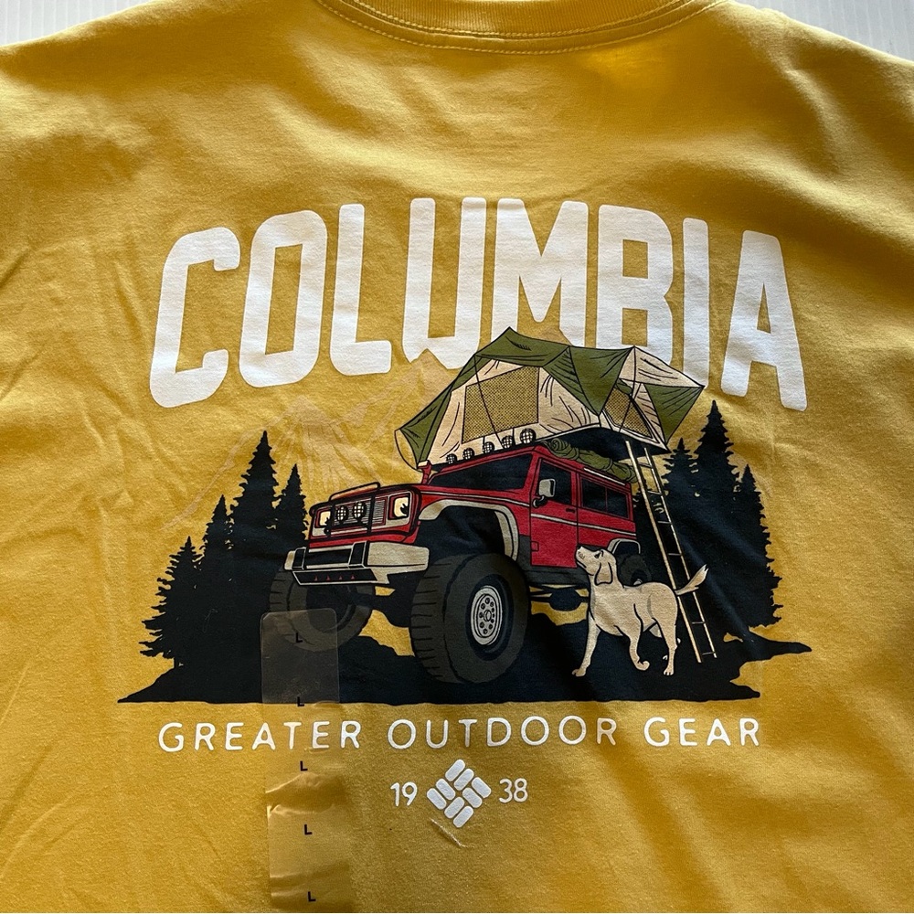 Columbia Graphics “Greater Outdoor Gear” NWTShort SleeveT-ShirtYellow Size Large - Picture 2 of 8